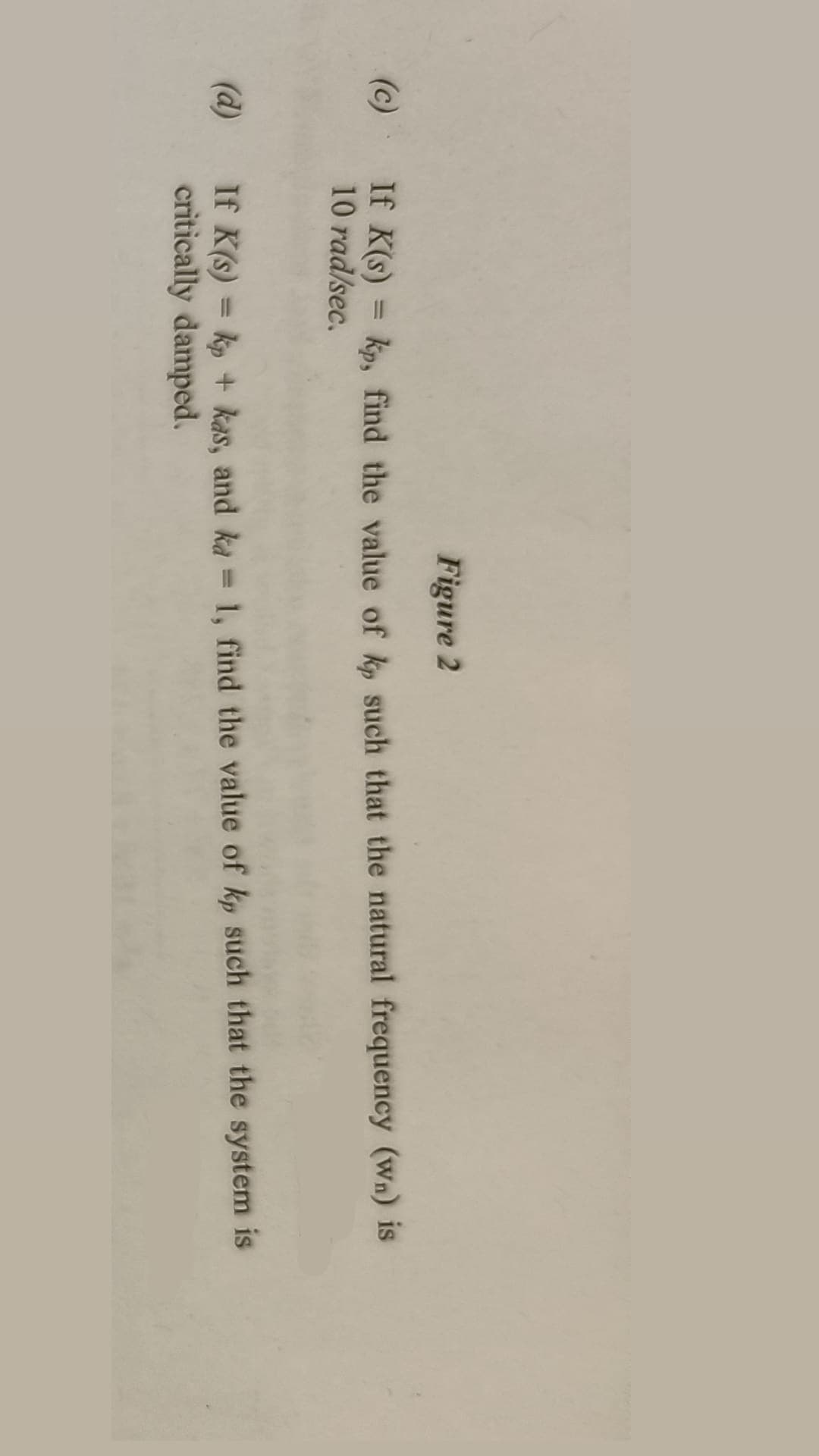 Figure 2
(c)
If K(s) = kp, find the value of kp such that the natural frequency (wn) is
10 rad/sec.
(d)
If K(s) = kp + kas, and ka = 1, find the value of kp such that the system is
critically damped.