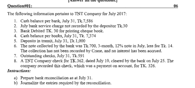 Question#01:
06
The following information pertains to TNT Company for July 2017:
1. Cash balance per bank, July 31, Tk.7,586
2. July bank service charge not recorded by the depositor Tk.30
3. Bank Debited TK. 30 for printing cheque book.
4. Cash balance per books, July 31, Tk. 7,374
5. Deposits in transit, July 31, Tk.1,000
6. The note collected by the bank was Tk.700, 3-month, 12% note in July, less fee Tk. 14.
The collection has not been recorded by Crane, and no interest has been accrued.
7. Outstanding checks, July 31, Tk.591
8. A TNT Company check for TK.362, dated July 10, cleared by the bank on July 25. The
company recorded this check, which was a payment on account, for TK. 326.
Instructions:
a) Prepare bank reconciliation as at July 31.
b) Journalize the entries required by the reconciliation.
