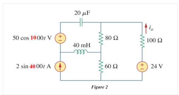 20 μF
50 cos 1000t V
80 Ω
100 Ω
40 mH
ell
2 sin 40 00t A
60 Ω
24 V
Figure 2
