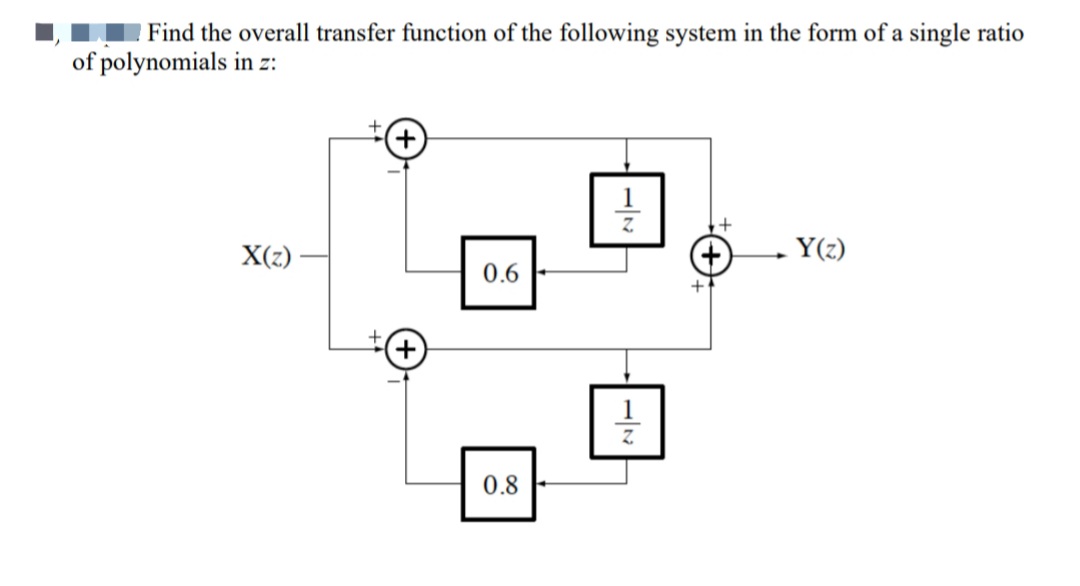 Find the overall transfer function of the following system in the form of a single ratio
of polynomials in z:
X(z)
Y(z)
0.6
+
0.8
