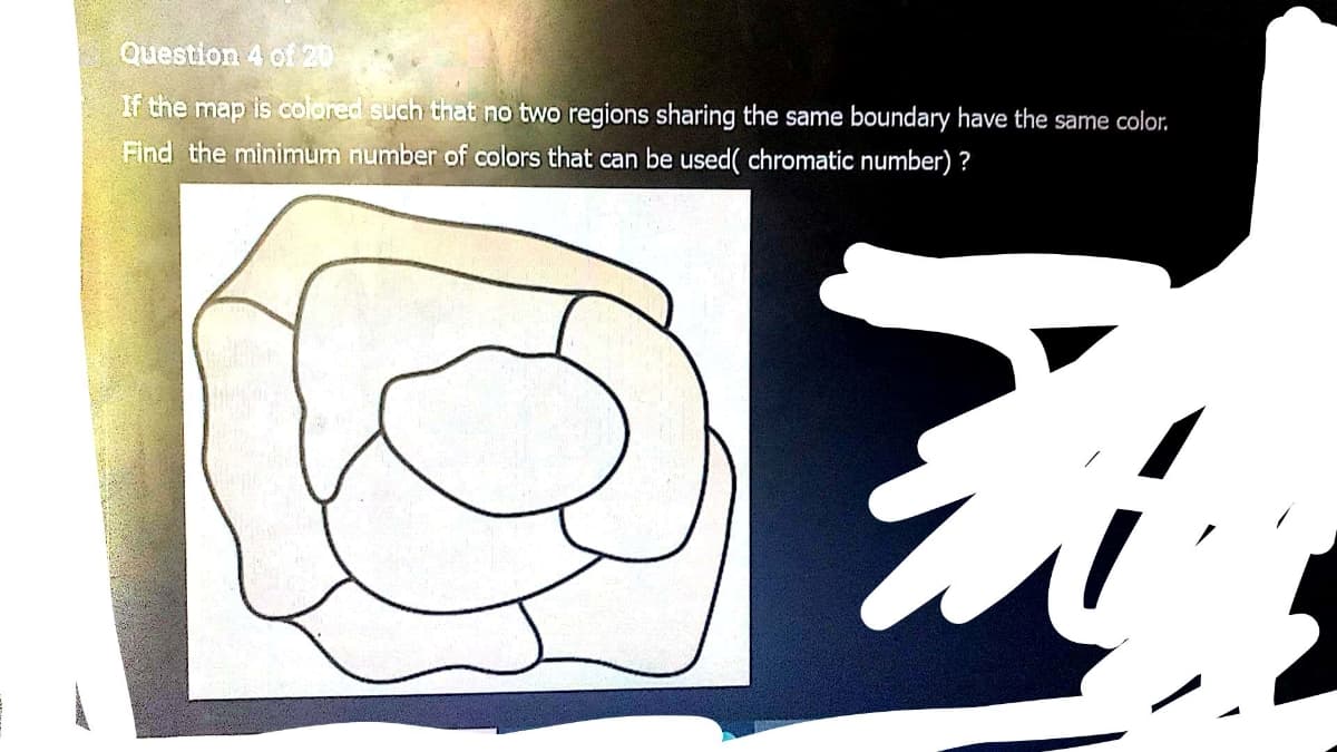 Question 4 of 20
If the map is colored such that no two regions sharing the same boundary have the same color.
Find the minimum number of colors that can be used( chromatic number) ?
