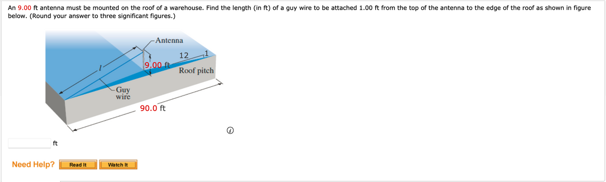 An 9.00 ft antenna must be mounted on the roof of a warehouse. Find the length (in ft) of a guy wire to be attached 1.00 ft from the top of the antenna to the edge of the roof as shown in figure
below. (Round your answer to three significant figures.)
ft
Need Help?
Read It
-Guy
wire
Watch It
Antenna
9.00 ft
90.0 ft
12
Roof pitch