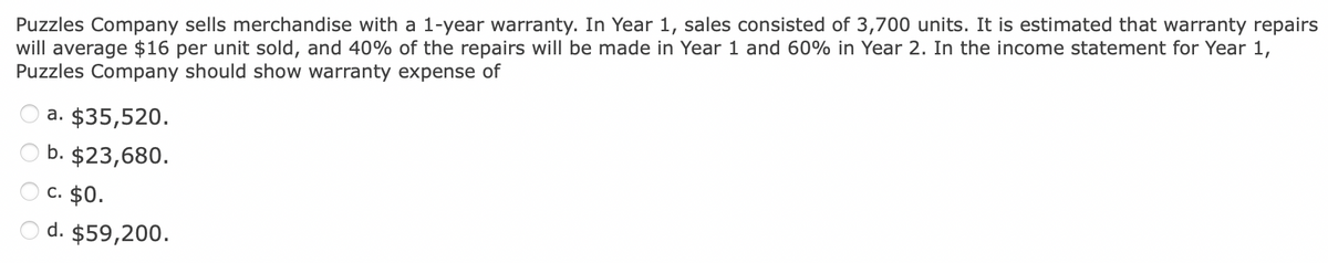 Puzzles Company sells merchandise with a 1-year warranty. In Year 1, sales consisted of 3,700 units. It is estimated that warranty repairs
will average $16 per unit sold, and 40% of the repairs will be made in Year 1 and 60% in Year 2. In the income statement for Year 1,
Puzzles Company should show warranty expense of
a. $35,520.
b. $23,680.
c. $0.
d. $59,200.