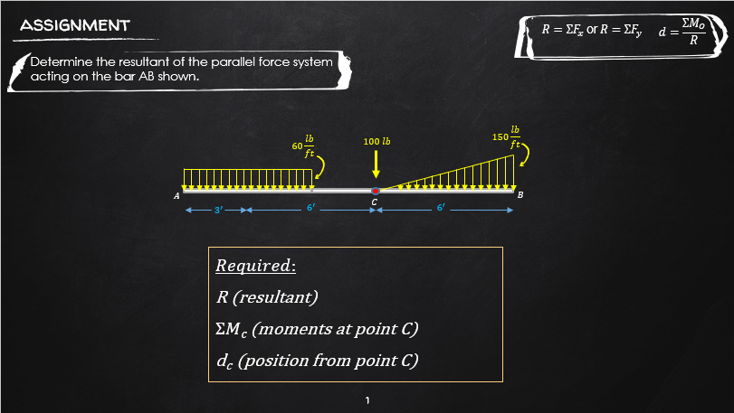 ΣΜο
d =
R
ASSIGNMENT
R = EF, or R = EF,
Determine the resultant of the parallel force system
acting on the bar AB shown.
Ib
150
Ib
60-
100 lb
ft
B
+3'-
Required:
R (resultant)
EM. (moments at point C)
de (position from point C)
