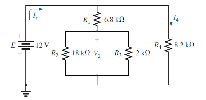 | Is
R1
6.8 kN
+
+
R4
- 8.2 kM
12 V
R2
E
18 kN V2
R3
2 kΩ
