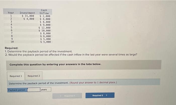 Year
1
2
8
9
10
Investment
$ 31,000
$ 4,000
Cash
Inflow
$ 2,000
$ 4,000
$ 8,000
$ 9,000
$ 12,000
$ 10,000
$ 8,000
$ 6,000
$ 5,000
$5,000
Required:
1. Determine the payback period of the investment.
2. Would the payback period be affected if the cash inflow in the last year were several times as large?
Complete this question by entering your answers in the tabs below.
Required 1 Required 2
Determine the payback period of the investment. (Round your answer to 1 decimal place.)
Payback period
years
Required 1
Required 2 >