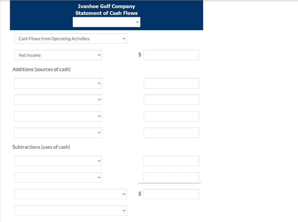 Cash Flows from Operating Activities
Net Income
Additions (sources of cash)
Ivanhoe Golf Company
Statement of Cash Flows
Subtractions (uses of cash)
V
$
$