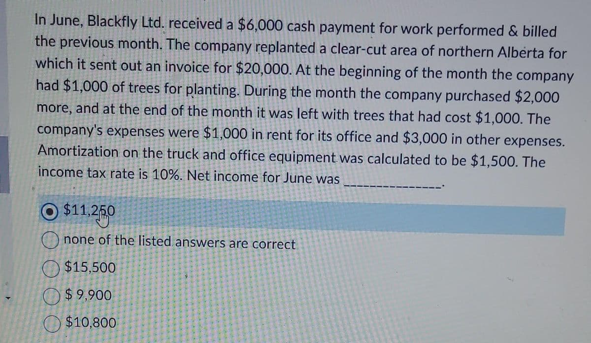 In June, Blackfly Ltd. received a $6,000 cash payment for work performed & billed
the previous month. The company replanted a clear-cut area of northern Alberta for
which it sent out an invoice for $20,000. At the beginning of the month the company
had $1,000 of trees for planting. During the month the company purchased $2,000
more, and at the end of the month it was left with trees that had cost $1,000. The
company's expenses were $1,000 in rent for its office and $3,000 in other expenses.
Amortization on the truck and office equipment was calculated to be $1,500. The
income tax rate is 10%. Net income for June was
O$11,250
none of the listed answers are correct
$15,500
$9,900
$10,800