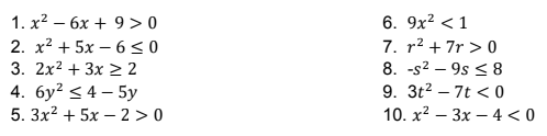 1. x2 – 6x + 9 > 0
2. x2 + 5x – 6 < 0
3. 2x2 + 3x > 2
4. 6y2 < 4 – 5y
5. Зx2 + 5х — 2 >0
6. 9x2 < 1
7. r2 + 7r > 0
8. -s? – 9s <8
9. 3t2 – 7t < 0
10. х2 — Зх — 4 <0
