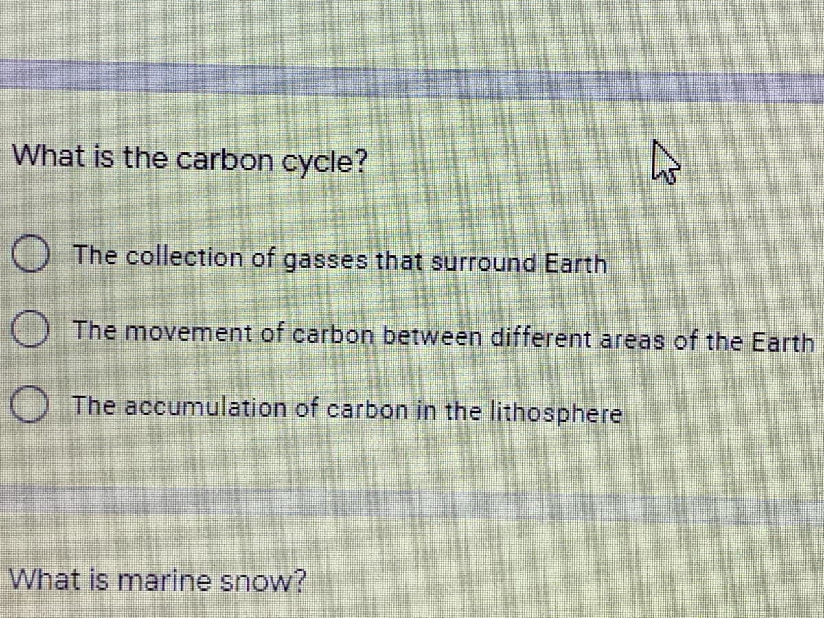 What is the carbon cycle?
The collection of gasses that surround Earth
The movement of carbon between different areas of the Earth
) The accumulation of carbon in the lithosphere
What is marine snow?
