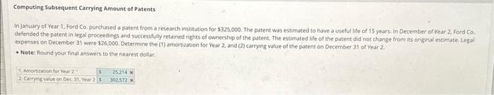 Computing Subsequent Carrying Amount of Patents
In January of Year 1, Ford Co. purchased a patent from a research institution for $325,000. The patent was estimated to have a useful life of 15 years. In December of Year 2, Ford Co.
defended the patent in legal proceedings and successfully retained rights of ownership of the patent. The estimated life of the patent did not change from its original estimate Legal
expenses on December 31 were $26,000. Determine the (1) amortization for Year 2, and (2) carrying value of the patent on December 31 of Year 2.
Note: Round your final answers to the nearest dollar.
1. Amortization for Year 2
1
2. Carrying value on Dec 31, Year 25
25.214 x
302.572 x