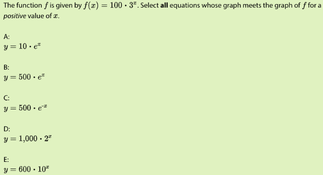 The function f is given by f(x) = 100 · 3". Select all equations whose graph meets the graph of f for a
positive value of x.
A:
y = 10 · e*
B:
y = 500 · e*
C:
y = 500 · e*
D:
y = 1,000 · 2ª
E:
y = 600 · 10"
