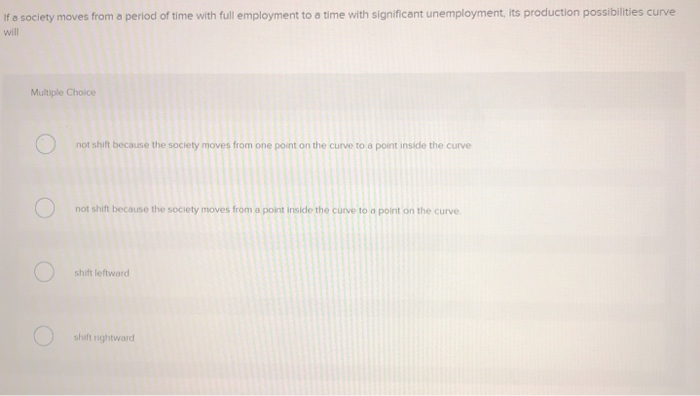 If a society moves from a period of time with full employment to a time with significant unemployment, its production possibilities curve
will
Multiple Choice
not shift because the society moves from one point on the curve to a point inside the curve
not shift because the society moves from a point inside the curve to a point on the curve.
shift leftward
shift rightward