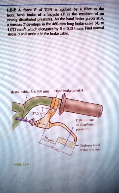 1-2-2 A force P of 70 N is applied by a rider to the
front hand brake of a bicycle (P is the resultant of an
evenly distributed pressure). As the hand brake pivots at A,
a tension T develops in the 460-mm long brake cable (A, =
1.075 mm²) which elongates by 8 = 0.214 mm. Find normal
stress and strain & in the brake cable.
Brake cable, L= 460 mm
PROB. 1.2-2
37.5 mm/A,
Hand brake pivot A
50 mm
-100 mm-
P (Resultant
of distributed
pressure)
Uniform hand
brake pressure