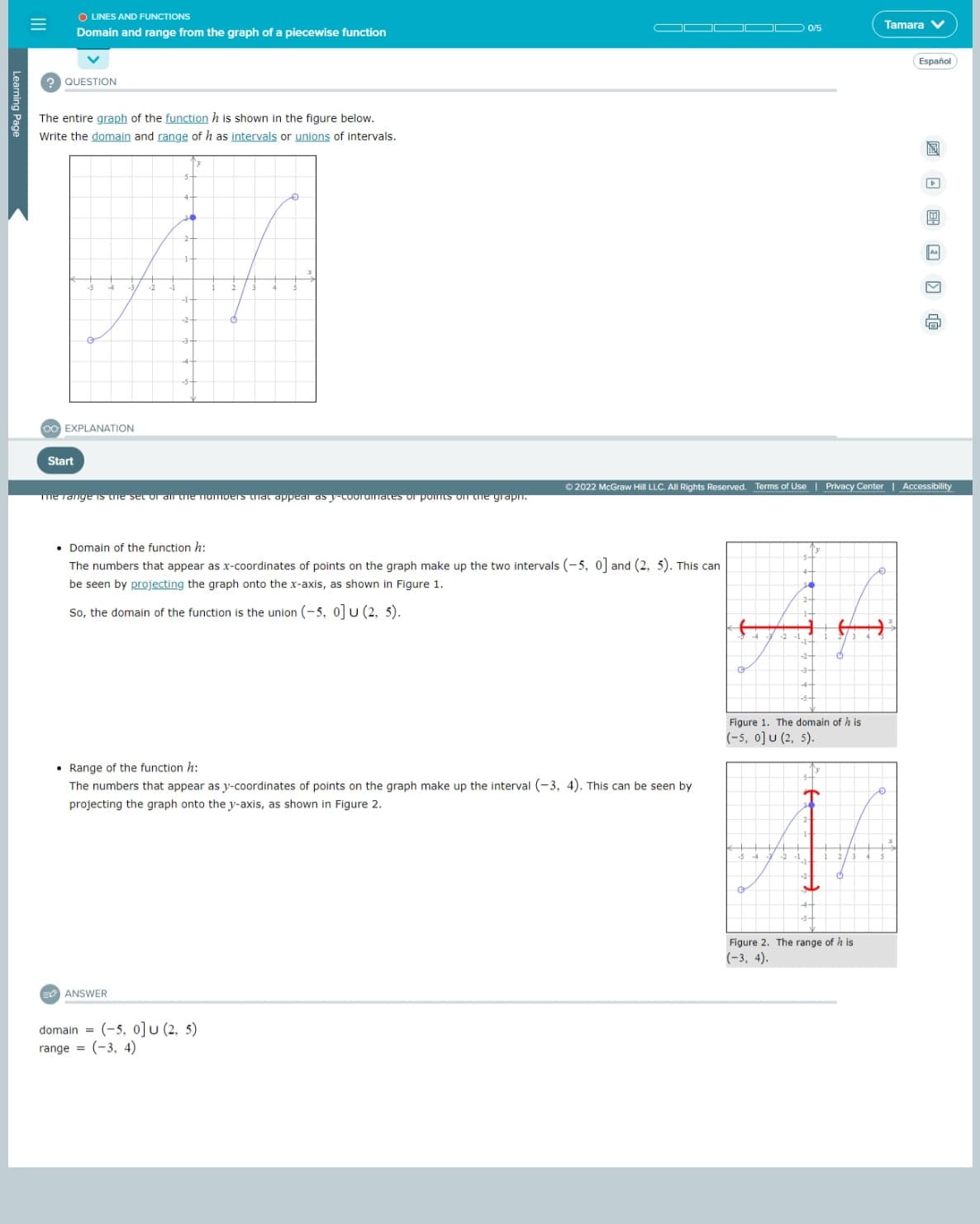 O LINES AND FUNCTIONS
D 0/5
Tamara V
Domain and range from the graph of a piecewise function
Español
2 QUESTION
The entire graph of the function h is shown in the figure below.
Write the domain and range of h as intervals or unions of intervals.
圖
-3-
oO EXPLANATION
Start
O 2022 McGraw Hill LLC. All Rights Reserved. Terms of Use | Privacy Center Accessibility
Tme Tange IS the set o all the TiuIDers tiiat dppear as y-COorumates or ponts oT the grapm.
• Domain of the function h:
The numbers that appear as x-coordinates of points on the graph make up the two intervals (-5, 0] and (2, 5). This can
be seen by projecting the graph onto the x-axis, as shown in Figure 1.
So, the domain of the function is the union (-5, 0] U (2. 5).
Figure 1. The domain of h is
(-5, 0o]u (2, 5).
• Range of the function h:
The numbers that appear as y-coordinates of points on the graph make up the interval (-3, 4). This can be seen by
projecting the graph onto the y-axis, as shown in Figure 2.
Figure 2. The range of h is
(-3, 4).
EO ANSWER
domain =
(-5, o]u (2, 5)
range = (-3, 4)
II
Learning Page
