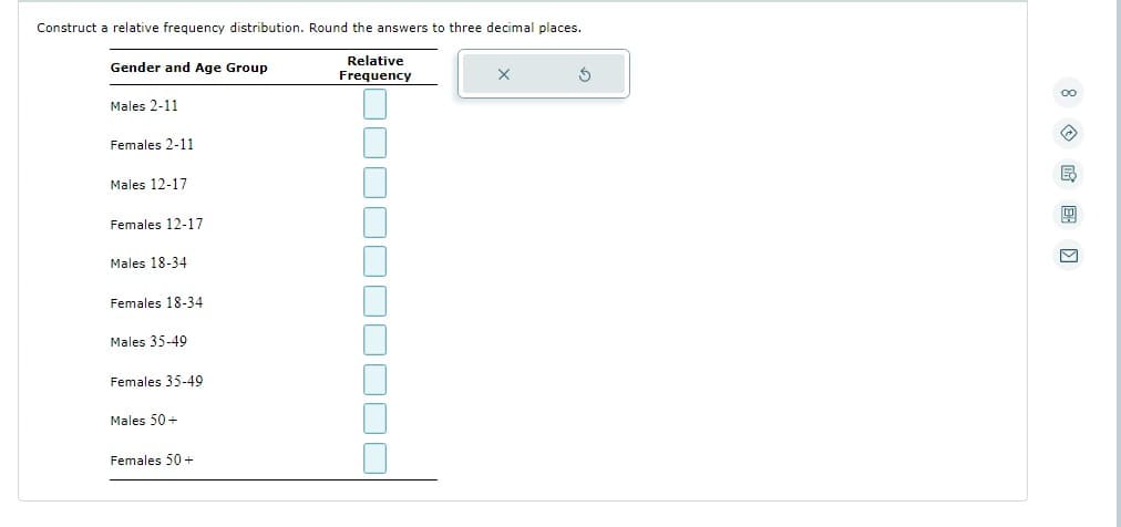 Construct a relative frequency distribution. Round the answers to three decimal places.
Gender and Age Group
Relative
Frequency
X
S
Males 2-11
Females 2-11
Males 12-17
Females 12-17
Males 18-34
Females 18-34
Males 35-49
Females 35-49
Males 50+
Females 50+
8E )