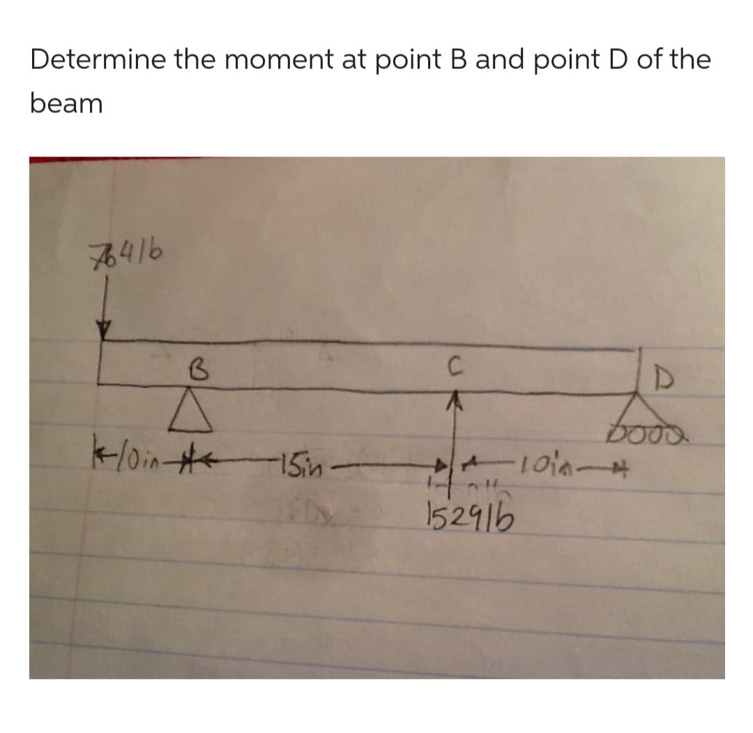 Determine the moment at point B and point D of the
beam
76416
Y
B
A
*/0in #
-15in-
C
A
152916
D
DOOD
1010-4