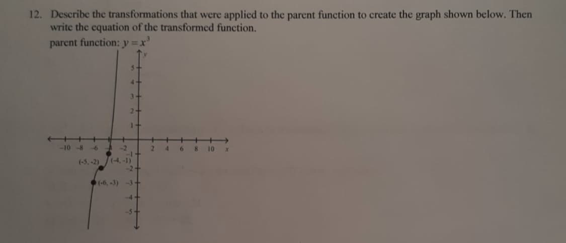 12. Describe the transformations that were applied to the parent function to create the graph shown below. Then
write the equation of the transformed function.
parent function: y =x'
5-
4-
3+
2-
-10 -8 -6
-2
2
-1+
4.
10
(-5, -2)(4, -1)
-2+
(-6, -3) -3+
