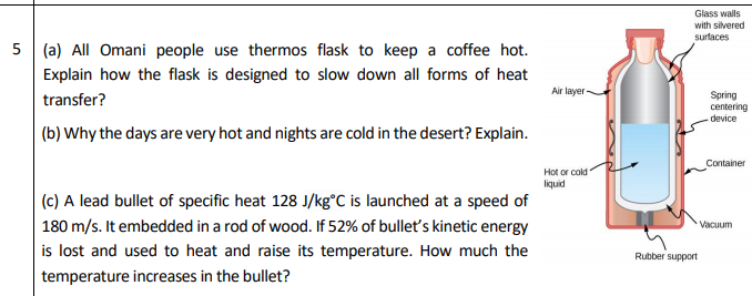 Glass walls
with silvered
surtaces
(a) All Omani people use thermos flask to keep a coffee hot.
Explain how the flask is designed to slow down all forms of heat
Air layer-
Spring
centering
-device
transfer?
| (b) Why the days are very hot and nights are cold in the desert? Explain.
Container
Hot or cold
lquid
|(c) A lead bullet of specific heat 128 J/kg°C is launched at a speed of
| 180 m/s. It embedded in a rod of wood. If 52% of bulleť's kinetic energy
is lost and used to heat and raise its temperature. How much the
Vacuum
Rubber support
temperature increases in the bullet?
