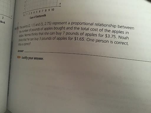 2
ciked
1 2 3 4 5 6 7 8 9 10
Cups of Buttermilk
the number of pounds of apples bought and the total cost of the apples in
dolars Norma thinks that she can buy 7 pounds of apples for $3.75. Noah
thinks that he can buy 3 pounds of apples for $1.65. One person is correct.
The points (2, 1.1) and (5, 2.75) represent a proportional relationship between
Who is correct?
Answer
Justify your answer.