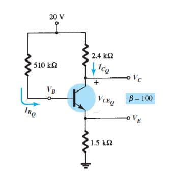 20 V
2.4 k2
Ice
510 ka
oVc
VB
B = 100
VCEQ
IBQ
oVE
1.5 k2
3.
