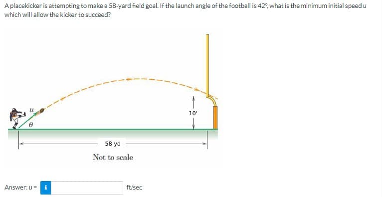 A placekicker is attempting to make a 58-yard field goal. If the launch angle of the football is 42%, what is the minimum initial speed u
which will allow the kicker to succeed?
Answer: u =
i
58 yd
Not to scale
ft/sec
10'