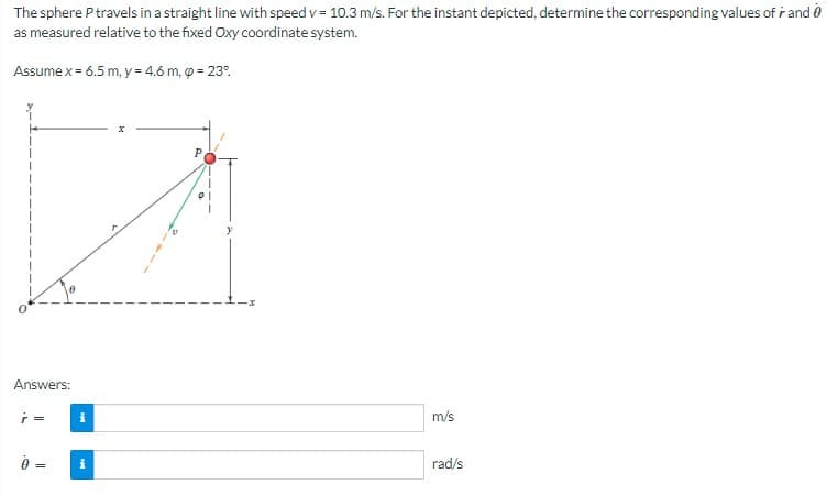 The sphere P travels in a straight line with speed v= 10.3 m/s. For the instant depicted, determine the corresponding values of r and
as measured relative to the fixed Oxy coordinate system.
Assume x = 6.5 m, y = 4.6 m, p = 23°
Answers:
r =
0 =
i
i
P
m/s
rad/s