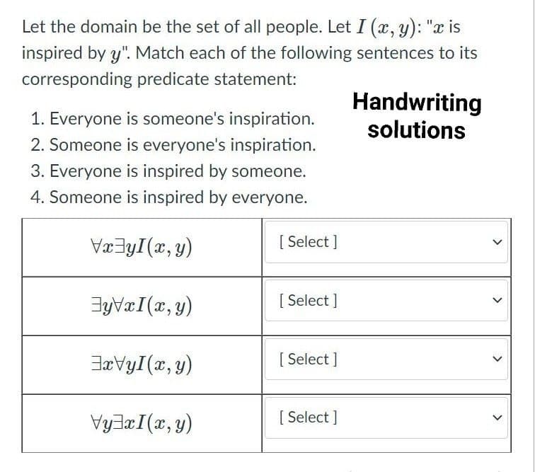 Let the domain be the set of all people. Let I (x, y): "x is
inspired by y". Match each of the following sentences to its
corresponding predicate statement:
Handwriting
solutions
1. Everyone is someone's inspiration.
2. Someone is everyone's inspiration.
3. Everyone is inspired by someone.
4. Someone is inspired by everyone.
Væ3yI(x,y)
[ Select ]
3yVæI(x, y)
[ Select ]
JæVyI(x, y)
[ Select ]
VyJ¤I(x,y)
[ Select ]
>
>
>
