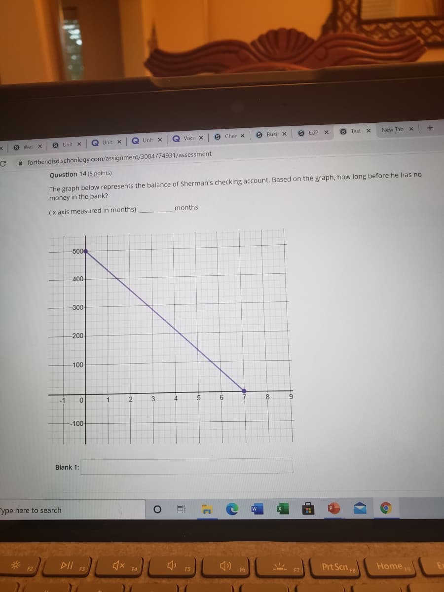 Question 14 (5 points)
The graph below represents the balance of Sherman's checking account. Based on the graph, how long before he has no
money in the bank?
(x axis measured in months)
months
500
400
300-
200
100-
-1
4
6.
7.
8.
-100
2.
