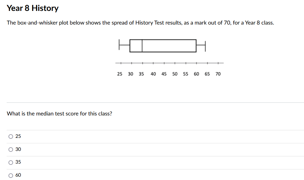 Year 8 History
The box-and-whisker plot below shows the spread of History Test results, as a mark out of 70, for a Year 8 class.
What is the median test score for this class?
O 25
ο ο ο ο
O 30
O 35
O 60
25 30 35 40 45 50 55 60 65 70