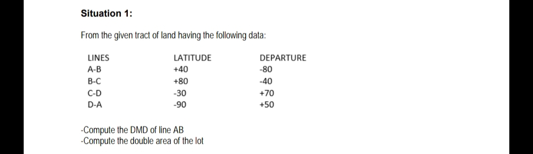 Situation 1:
From the given tract of land having the following data:
LINES
LATITUDE
DEPARTURE
А-В
+40
-80
В-С
+80
-40
C-D
-30
+70
D-A
-90
+50
-Compute the DMD of line AB
-Compute the double area of the lot
