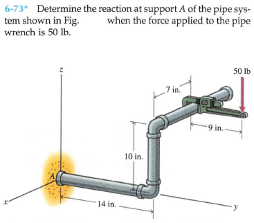 6-73* Determine the reaction at support A of the pipe sys-
tem shown in Fig.
wrench is 50 lb.
when the force applied to the pipe
50 lb
7 in.
-9 in.
10 in.
14 in.
y
