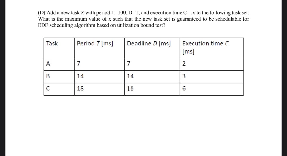 (D) Add a new task Z with period T=100, D=T, and execution time C=x to the following task set.
What is the maximum value of x such that the new task set is guaranteed to be schedulable for
EDF scheduling algorithm based on utilization bound test?
Task
Period T [ms]
Deadline D [ms]
Execution time C
[ms]
A
7
7
2
14
14
18
18
6.
3.
B.
