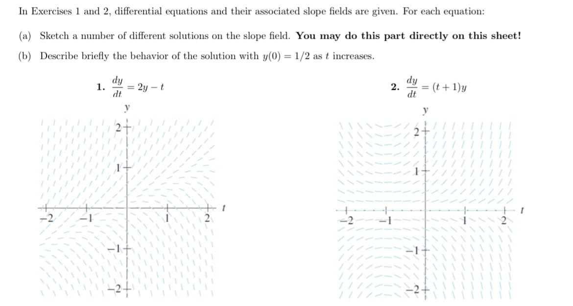 In Exercises 1 and 2, differential equations and their associated slope fields are given. For each equation:
(a) Sketch a number of different solutions on the slope field. You may do this part directly on this sheet!
(b) Describe briefly the behavior of the solution with y(0) = 1/2 as t increases.
dy
dt.
dy
1.
= 2y – t
2.
= (t + 1)y
dt
y
y
-2
-1-
it
