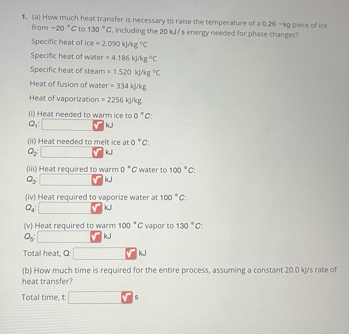 1. (a) How much heat transfer is necessary to raise the temperature of a 0.26 -kg piece of ice
from -20 °C to 130 °C, including the 20 kJ/s energy needed for phase changes?
Specific heat of ice = 2.090 kJ/kg °C
Specific heat of water = 4.186 kJ/kg °C
Specific heat of steam = 1.520 kJ/kg °C
Heat of fusion of water = 334 kJ/kg
Heat of vaporization = 2256 kJ/kg
(i) Heat needed to warm ice to 0 °C:
Q₁:
✔KJ
(ii) Heat needed to melt ice at 0 °C:
Q₂:
KJ
(iii) Heat required to warm 0 °C water to 100 °C:
Q3:
KJ
(iv) Heat required to vaporize water at 100 °C:
Q4:
KJ
(v) Heat required to warm 100 °C vapor to 130 °C:
Q5:
KJ
Total heat, Q:
KJ
(b) How much time is required for the entire process, assuming a constant 20.0 kJ/s rate of
heat transfer?
Total time, t:
S