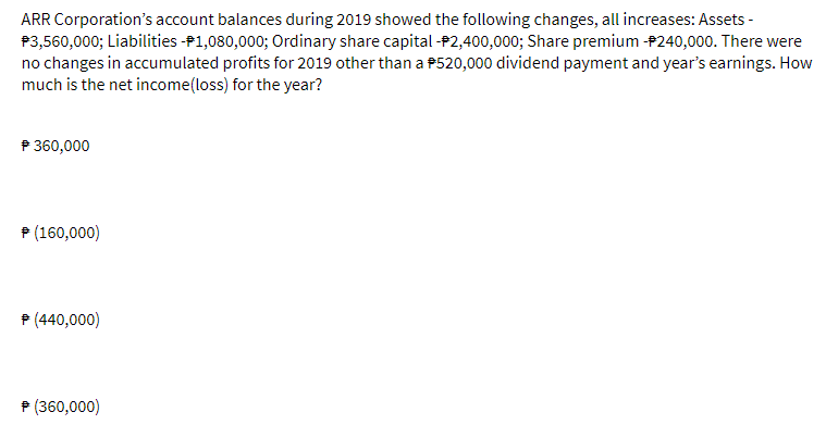 ARR Corporation's account balances during 2019 showed the following changes, all increases: Assets -
P3,560,000; Liabilities -P1,080,000; Ordinary share capital -P2,400,000; Share premium -P240,000. There were
no changes in accumulated profits for 2019 other than a P520,000 dividend payment and year's earnings. How
much is the net income(loss) for the year?
P 360,000
P (160,000)
P (440,000)
P (360,000)
