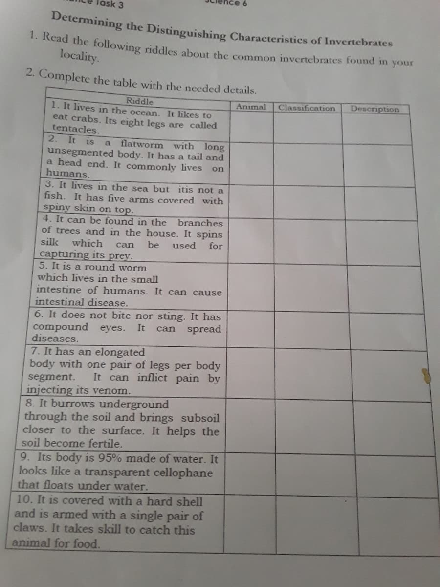 ence 6
ask 3
Determining the Distinguishing Characteristics of Invertebrates
1. Read the following riddles about the common invertebrates found in your
locality.
2. Complete the table with the needed details.
Riddle
Animal
Classification
Description
1. It lives in the ocean.
eat crabs. Its eight legs are called
tentacles.
2. It is
It likes to
long
unsegmented body. It has a tail and
a head end. It commonly lives
a
flatworm with
on
humans.
3. It lives in the sea but itis not a
fish. It has five arms covered with
spiny skin on top.
4. It can be found in the
branches
of trees and in the house. It spins
silk
which
be
used
for
can
capturing its prey.
5. It is a round worm
which lives in the small
intestine of humans. It can cause
intestinal disease.
6. It does not bite nor sting. It has
compound eyes.
diseases.
It
spread
can
7. It has an elongated
body with one pair of legs per body
segment.
injecting its venom.
8. It burrows underground
through the soil and brings subsoil
closer to the surface. It helps the
soil become fertile.
9. Its body is 95% made of water. It
looks like a transparent cellophane
that floats under water.
It can inflict pain by
10. It is covered with a hard shell
and is armed with a single pair of
claws. It takes skill to catch this
animal for food.
