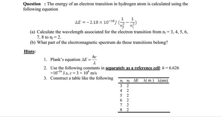 Question: The energy of an electron transition in hydrogen atom is calculated using the
following equation
AE = -2.18 × 10-18 (
(a) Calculate the wavelength associated for the electron transition from n, = 3, 4, 5, 6,
7,8 to n/= 2.
(b) What part of the electromagnetic spectrum do these transitions belong?
Hints:
1. Plank's equation: AE
hc
2
2. Use the following constants in separately as a reference cell: h= 6.626
x 1034 J.s, c=3 x 10³ m/s
3.
Construct a table like the following
n; ng AE λ(m) 2(nm)
32
42
5 2
6 2
7 2
8
2