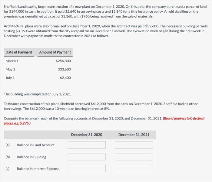 Sheffield Landscaping began construction of a new plant on December 1, 2020. On this date, the company purchased a parcel of land
for $144,000 in cash. In addition, it paid $2,640 in surveying costs and $3,840 for a title insurance policy. An old dwelling on the
premises was demolished at a cost of $3,360, with $960 being received from the sale of materials.
Architectural plans were also formalized on December 1, 2020, when the architect was paid $39,600. The necessary building permits
costing $3,360 were obtained from the city and paid for on December 1 as well. The excavation work began during the first week in
December with payments made to the contractor in 2021 as follows.
Date of Payment Amount of Payment
March 1
$256,800
May 1
333,600
July 1
62,400
The building was completed on July 1, 2021.
To finance construction of this plant, Sheffield borrowed $612.000 from the bank on December 1, 2020. Sheffield had no other
borrowings. The $612,000 was a 10-year loan bearing interest at 8%.
Compute the balance in each of the following accounts at December 31, 2020, and December 31, 2021. (Round answers to O decimal
places, eg. 5,275.)
December 31, 2020
December 31, 2021
(a)
Balance in Land Account
(b)
Balance in Building
(c)
Balance in Interest Expense
