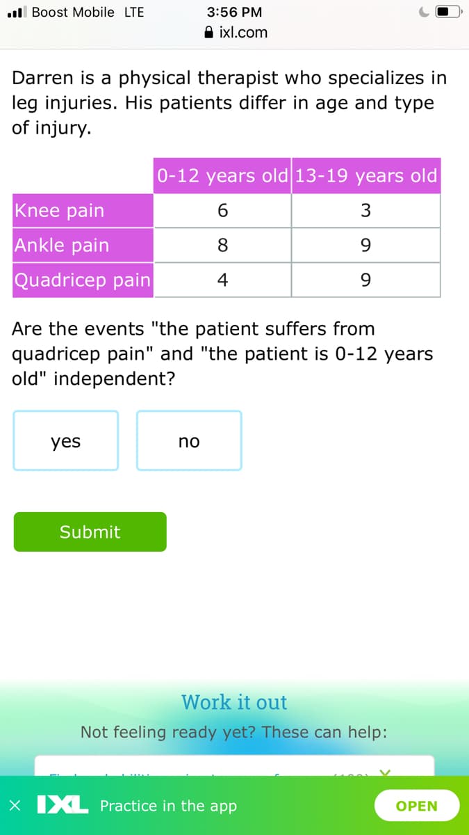 l Boost Mobile LTE
3:56 PM
A ixl.com
Darren is a physical therapist who specializes in
leg injuries. His patients differ in age and type
of injury.
0-12 years old 13-19 years old
Knee pain
6.
3
Ankle pain
8
9.
Quadricep pain
4
9.
Are the events "the patient suffers from
quadricep pain" and "the patient is 0-12 years
old" independent?
yes
no
Submit
Work it out
Not feeling ready yet? These can help:
x IXL Practice in the app
ОPEN
