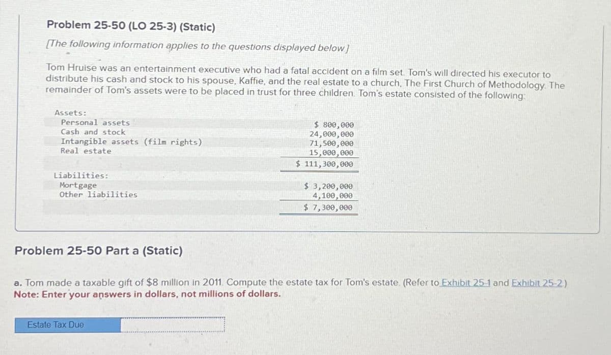 Problem 25-50 (LO 25-3) (Static)
[The following information applies to the questions displayed below]
Tom Hruise was an entertainment executive who had a fatal accident on a film set. Tom's will directed his executor to
distribute his cash and stock to his spouse, Kaffie, and the real estate to a church, The First Church of Methodology. The
remainder of Tom's assets were to be placed in trust for three children. Tom's estate consisted of the following:
Assets:
Personal assets
Cash and stock
Intangible assets (film rights)
Real estate
Liabilities:
Mortgage
Other liabilities
$ 800,000
24,000,000
71,500,000
15,000,000
$ 111,300,000
$ 3,200,000
4,100,000
$ 7,300,000
Problem 25-50 Part a (Static)
a. Tom made a taxable gift of $8 million in 2011. Compute the estate tax for Tom's estate. (Refer to Exhibit 25-1 and Exhibit 25-2)
Note: Enter your answers in dollars, not millions of dollars.
Estate Tax Due