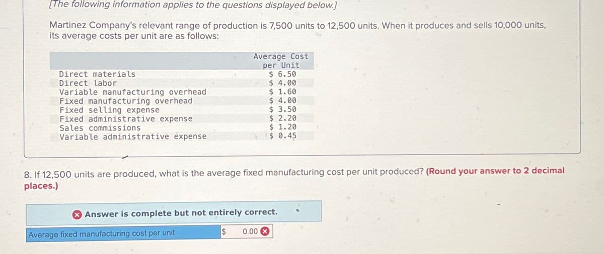 [The following information applies to the questions displayed below.]
Martinez Company's relevant range of production is 7,500 units to 12,500 units. When it produces and sells 10,000 units,
its average costs per unit are as follows:
Direct materials
Direct labor
Variable manufacturing overhead
Fixed manufacturing overhead
Fixed selling expense
Fixed administrative expense
Sales commissions
Variable administrative expense
Average Cost
per Unit
$ 6.50
$ 4.00
$ 1.60
$ 4.00
$ 3.50
$ 2.20
$ 1.20
$ 0.45
8. If 12,500 units are produced, what is the average fixed manufacturing cost per unit produced? (Round your answer to 2 decimal
places.)
X Answer is complete but not entirely correct.
$ 0.00 X
Average fixed manufacturing cost per unit