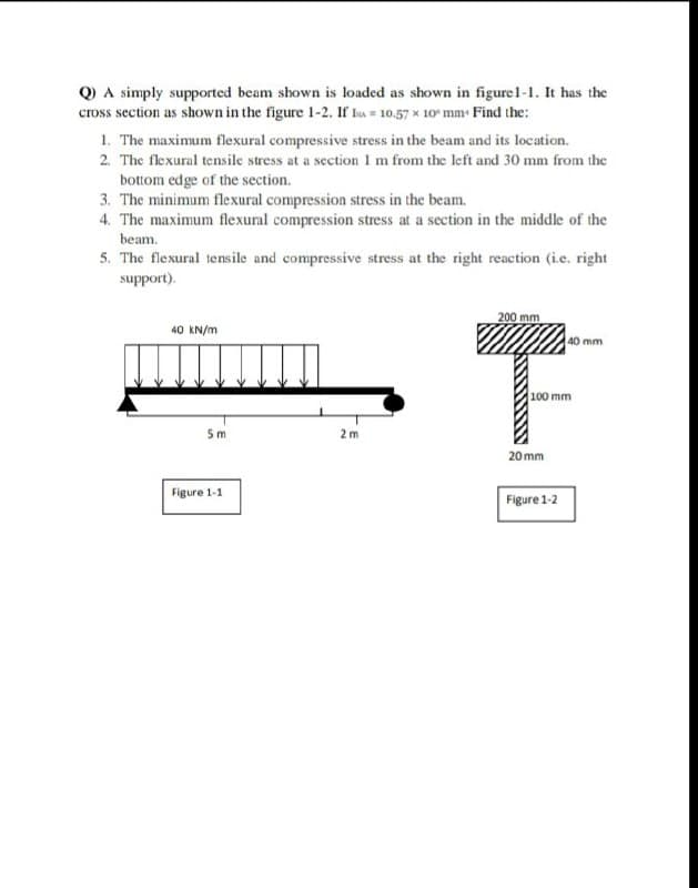 Q A simply supported beam shown is loaded as shown in figurel-1. It has the
cross section as shown in the figure 1-2. If lu = 10,57 x 10 mm Find the:
1. The maximum flexural compressive stress in the beam and its location.
2. The flexural tensile stress at a section 1 m from the left and 30 mm from the
bottom edge of the section.
3. The minimum flexural compression stress in the beam.
4. The maximum flexural compression stress at a section in the middle of the
beam.
5. The flexural tensile and compressive stress at the right reaction (i.e. right
support).
200 mm
40 KN/m
40 mm
100 mm
5m
2m
20 mm
Figure 1-1
Figure 1-2
