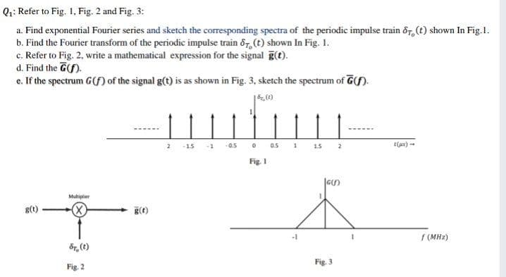 Qi: Refer to Fig. 1, Fig. 2 and Fig. 3:
a. Find exponential Fourier series and sketch the corresponding spectra of the periodic impulse train 8r, (t) shown In Fig.1.
b. Find the Fourier transform of the periodic impulse train 87, (t) shown In Fig. 1.
c. Refer to Fig. 2, write a mathematical expression for the signal g(t).
d. Find the G(f).
e. If the spectrum G( of the signal g(t) is as shown in Fig. 3, sketch the spectrum of G(S.
-15 -1 05 o as 1
Fig. 1
(jus) -
Muhiplier
g(t)
f (MHz)
8r, (t)
Fig. 3
Fig. 2
