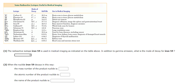 Some Radioactive Isotopes Useful in Medical Imaging
Mode of
Decay
setope
Half-lile
Use in Medical inaging
Carben-11
203
Brain scan to trace glucoe metabolim
Brain scan te trace glacose metabolism
Detect eye bumors
Diagnone albinism, image the spleen and gastruintestinal tract
Bone marrow fenction, dingnose nemias
Whole-body san for tum
Panerens sen
Lung ventilatioe scan
Sean for bone diseases, including cancer
Brain, liver, kidney, bone scans, diagnonis of damaged heart muscle
Diagnonis of thyrod malfunction
Kudney scan
Heart scan and exercine stress test
Flaorine 18
Phosphor-32
Chromium-51
Ir
Gallium-67
Selenium-75
109 m
1434
NP
EC.Y
445d
EC.y
EC.y
Krypton-lm
Strontium-81
118d
133.
222
6.01h
Te
Technetium-
Lodine 131
Meroury 197
Thallun-201
64.1
EC.
EC.Y
3.054
(1) The radioactive isotope iron-59 is used in medical imaging as indicated on the table above. In addition to gamma emission, what is the mode of decay for iron-59?
(2) When the nuclide iron-59 decays in this way:
the mass number of the product nuclide is:
the atomic number of the product nuclide is:
the name of the product nuclide is:
