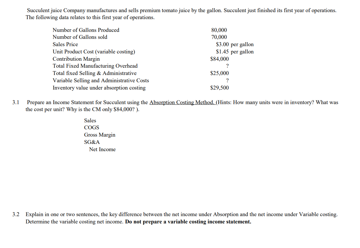 Succulent juice Company manufactures and sells premium tomato juice by the gallon. Succulent just finished its first year of operations.
The following data relates to this first year of operations.
Number of Gallons Produced
80,000
Number of Gallons sold
70,000
$3.00 per gallon
$1.45 per gallon
$84,000
Sales Price
Unit Product Cost (variable costing)
Contribution Margin
Total Fixed Manufacturing Overhead
Total fixed Selling & Administrative
$25,000
Variable Selling and Administrative Costs
Inventory value under absorption costing
$29,500
Prepare an Income Statement for Succulent using the Absorption Costing Method. (Hints: How many units were in inventory? What was
the cost per unit? Why is the CM only $84,000? ).
3.1
Sales
COGS
Gross Margin
SG&A
Net Income
3.2 Explain in one or two sentences, the key difference between the net income under Absorption and the net income under Variable costing.
Determine the variable costing net income. Do not prepare a variable costing income statement.
