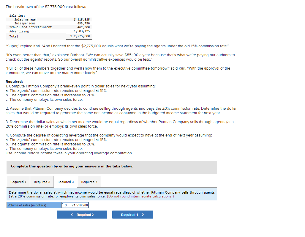 The breakdown of the $2,775,000 cost follows:
Salaries:
sales manager
Salespersons
Travel and entertainment
$ 115,625
693,750
462,500
1,503,125
Advertising
Total
$ 2,775,000
"Super," replied Karl. "And I noticed that the $2,775,000 equals what we're paying the agents under the old 15% commission rate."
"It's even better than that," explained Barbara. "We can actually save $85,100 a year because that's what we're paylng our auditors to
check out the agents' reports. So our overall administrative expenses would be less."
"Pull all of these numbers together and we'll show them to the executive committee tomorrow," sald Karl. "With the approval of the
committee, we can move on the matter Immediately."
Requlred:
1. Compute Pittman Company's break-even polnt In dollar sales for next year assuming:
a. The agents' commission rate remalns unchanged at 15%.
b. The agents' commission rate is Increased to 20%.
c. The company employs Its own sales force.
2. Assume that Pittman Company decides to continue selling through agents and pays the 20% commission rate. Determine the dollar
sales that would be required to generate the same net Income as contalned In the budgeted Income statement for next year.
3. Determine the dollar sales at which net Income would be equal regardless of whether Pittman Company sells through agents (at a
20% commisslon rate) or employs Its own sales force.
4. Compute the degree of operating leverage that the company would expect to have at the end of next year assuming:
a. The agents' commission rate remalns unchanged at 15%.
b. The agents' commission rate is Increased to 20%.
c. The company employs Its own sales force.
Use Income before Income taxes In your operating leverage computation.
Complete this question by entering your answers in the tabs below.
Required 1
Required 2
Required 3
Required 4
Determine the dollar sales at which net income would be equal regardless of whether Pittman Company sells through agents
(at a 20% commission rate) or employs its own sales force. (Do not round intermediate calculations.)
Volume of sales (in dollars)
$ 21,519,200
< Required 2
Required 4 >
