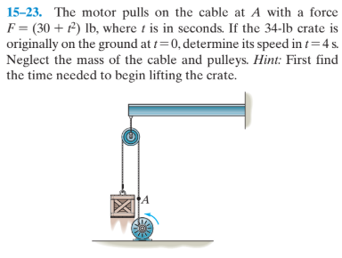 15-23. The motor pulls on the cable at A with a force
F = (30 + P) lb, where t is in seconds. If the 34-lb crate is
originally on the ground at t=0, determine its speed in t=4 s.
Neglect the mass of the cable and pulleys. Hint: First find
the time needed to begin lifting the crate.
