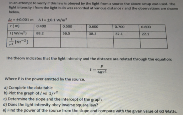 In an attempt to verify if this law is obeyed by the light from a source the above setup was used. The
light intensity I from the light bulb was recorded at various distance r and the observations are shown
below.
Ar = +0.001 m
Al= ±0.1 w/m²
r(m)
0.400
0.500
0.600
0.700
0.800
I(W/m²)
88.2
56.5
38.2
32.1
22.1
금(m-2)
The theory indicates that the light intensity and the distance are related through the equation:
P.
Where P is the power emitted by the source.
a) Complete the data table
b) Plot the graph of I vs 1/r2
c) Determine the slope and the intercept of the graph
d) Does the light intensity obey inverse square law?
e) Find the power of the source from the slope and compare with the given value of 60 Watts.
