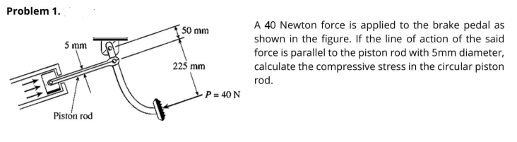 Problem 1.
A 40 Newton force is applied to the brake pedal as
shown in the figure. If the line of action of the said
force is parallel to the piston rod with 5mm diameter,
calculate the compressive stress in the circular piston
50 mm
5 mm
225 mm
rod.
-P = 40 N
Pistón rod
